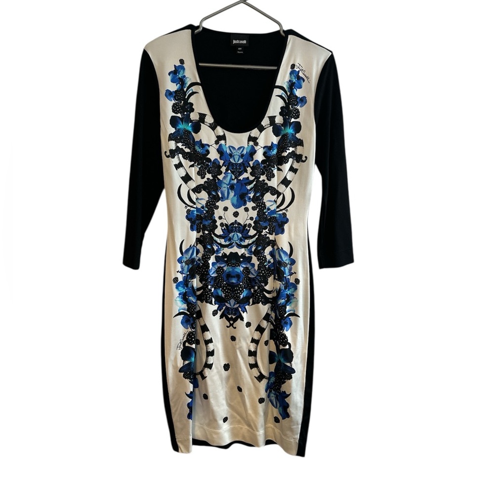 Just Cavalli Black and Blue Floral Scoop-Neck Long Sleeve Dress